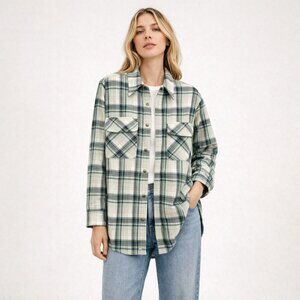 Aritzia Tna Womens XS Oversized Shirt Jacket Button Up Shacket Blue Plaid Cozy